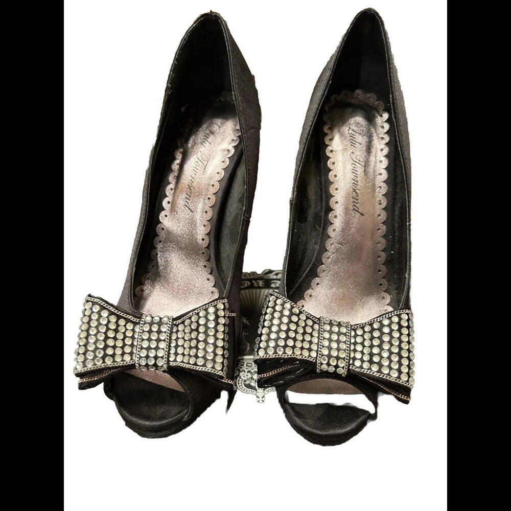 😎🖤ESTATE SALE Lulu Townsend Black Satin Rhinestone Bow Size 5.5M Shoes Heels